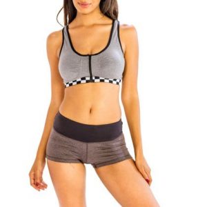 Gray and White-black Box Pattered Sports Bra with Trendy Shorts Wholesale