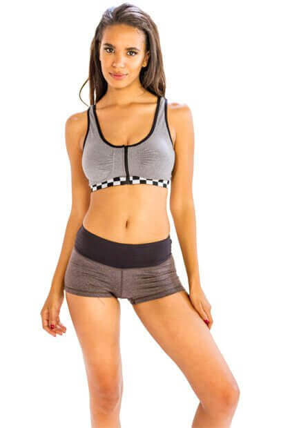 Gray and White-black Box Pattered Sports Bra with Trendy Shorts Wholesale