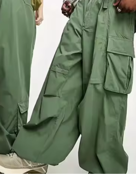 Olive green wide legged cargo trousers